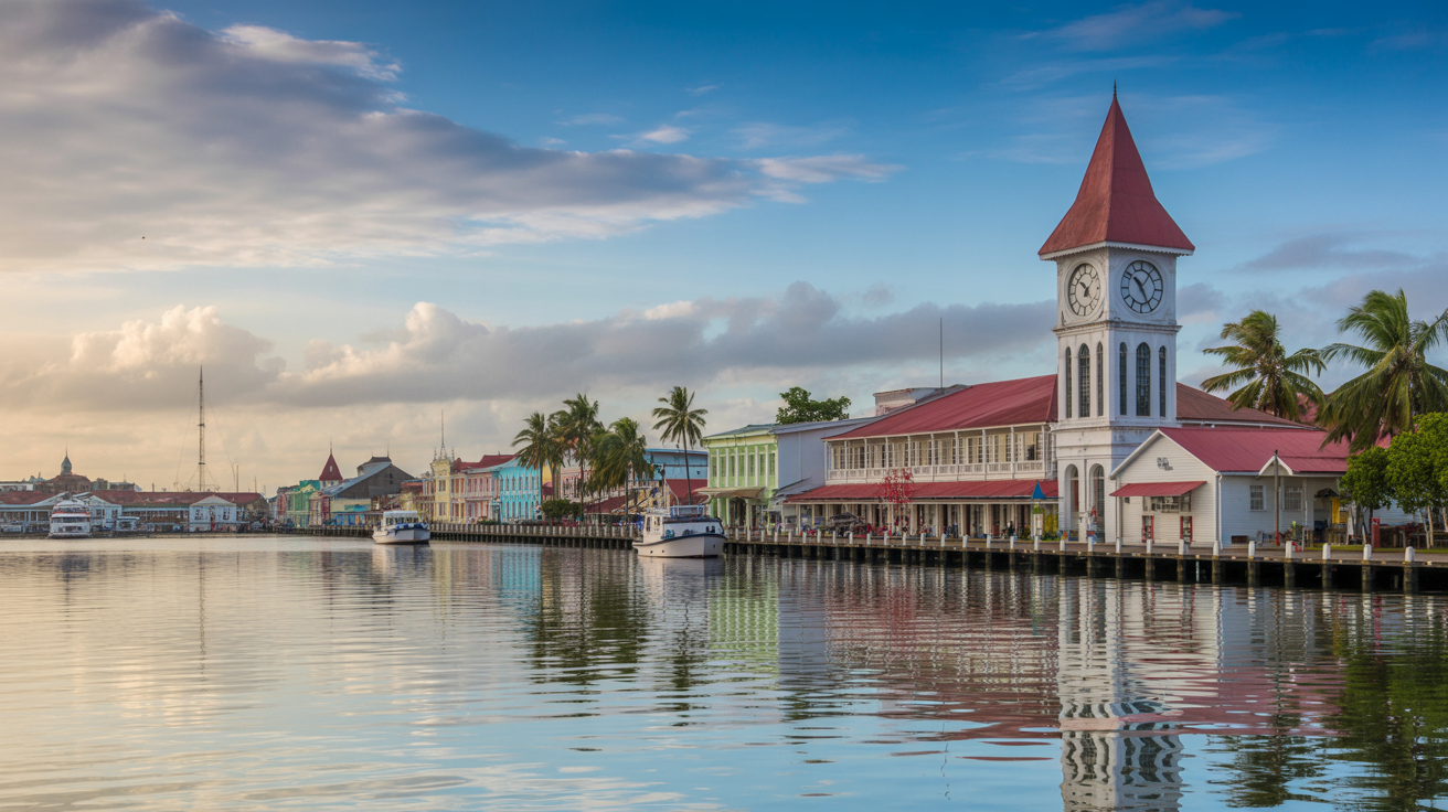 Beautiful view of Georgetown, Guyana featuring the iconic Stabroek Market and waterfront with colonial architecture